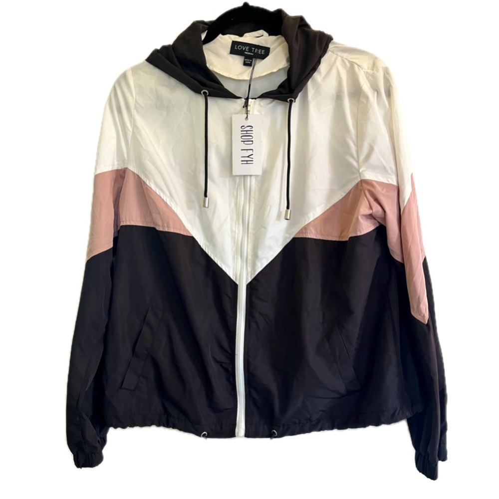 Love Tree windbreaker Medium full zip with drawstring hood & rib/color block NWT